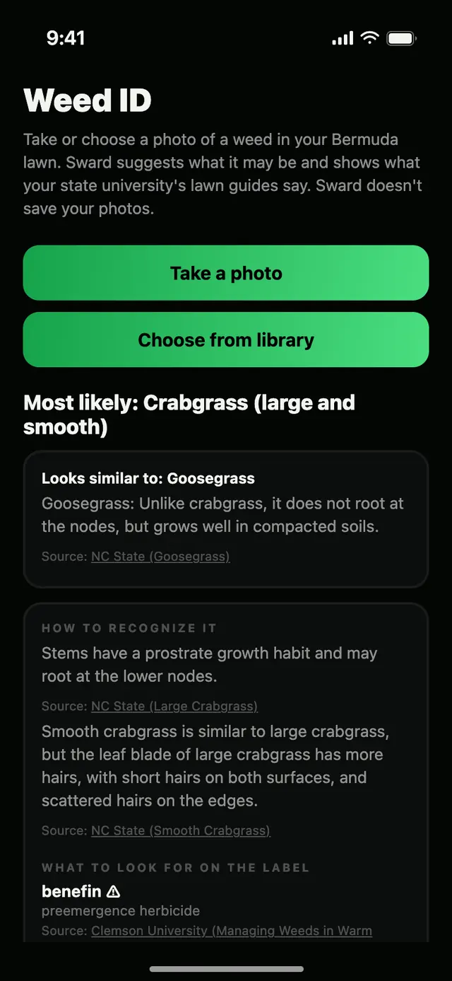 Sward Weed ID result: most likely crabgrass, with a similar weed to rule out, how to recognize it, and the weed killer ingredients to look for on the label, each with its source.