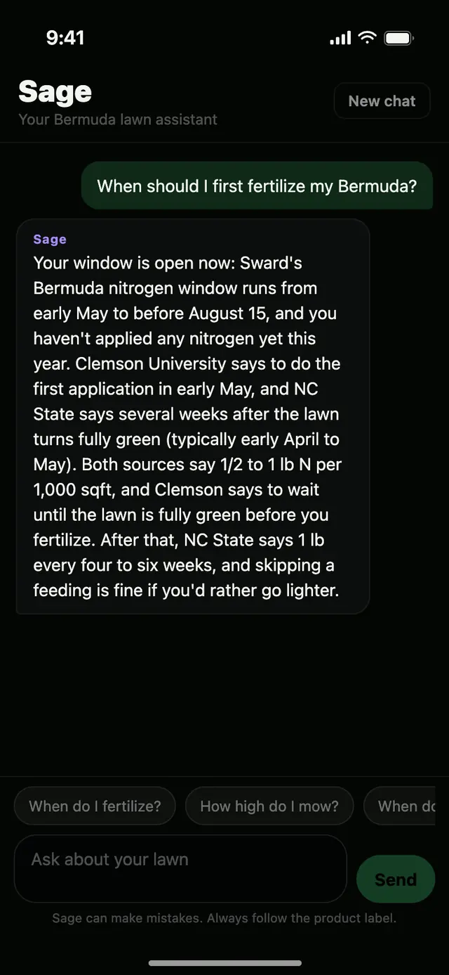Sage chat: asked when to first fertilize Bermuda, Sage answers with the Clemson University and NC State windows.